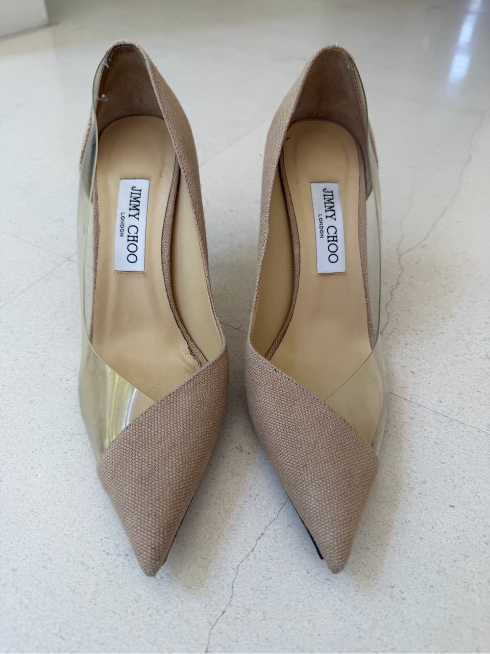 Jimmy Choo Beige Linen/PVC Cass Heels